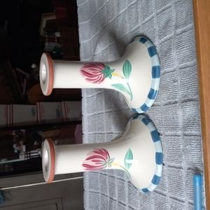 Set of 2 Lenox poppies on blue terracotta taper candle stick holders.